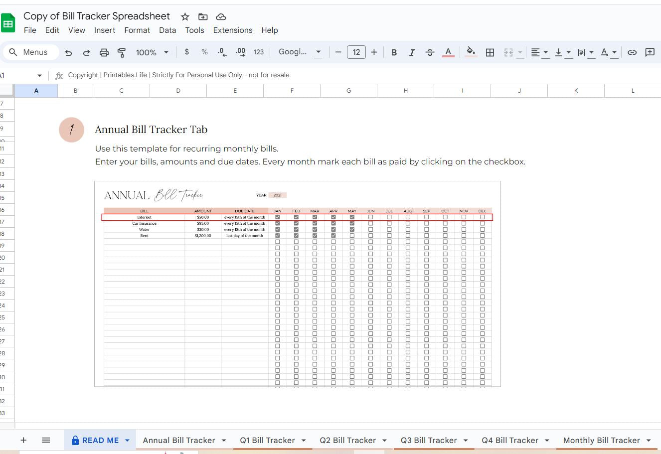 Instant download for Bill Tracker on Google docs to track your bills with ease.