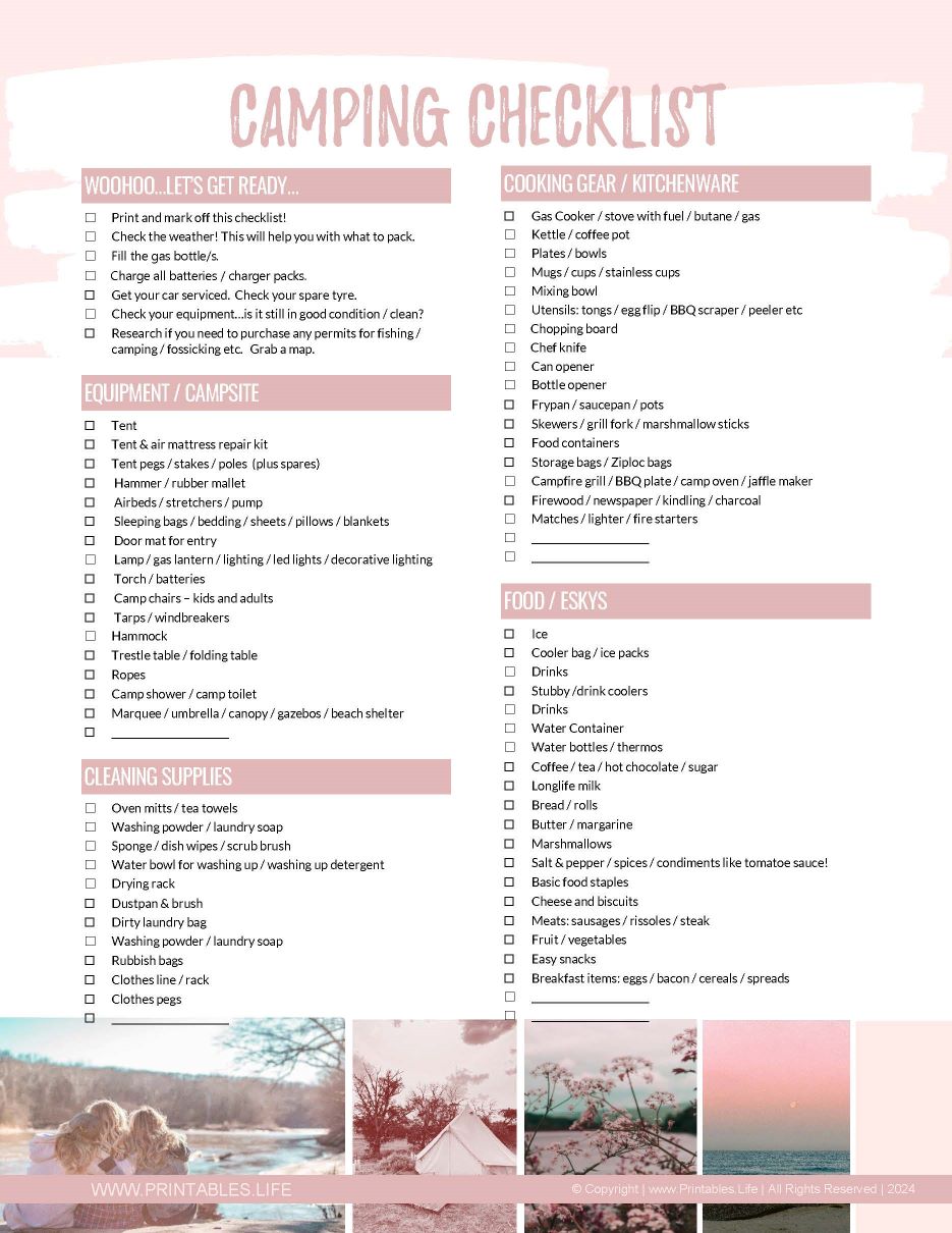 Family camping checklist essentials to pack template for instant download pink