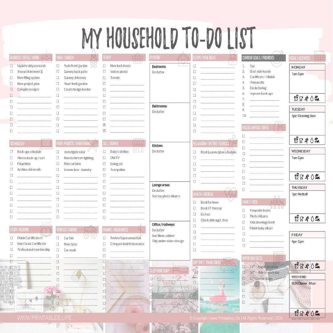 To do household checklist template editable in Word one page at a glancek