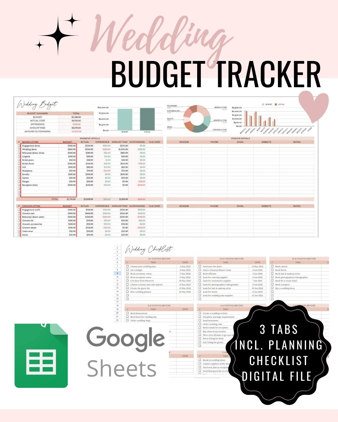 Wedding Budget Expenses and Checklist Tracker Google Sheets Instant Download Printables.Life